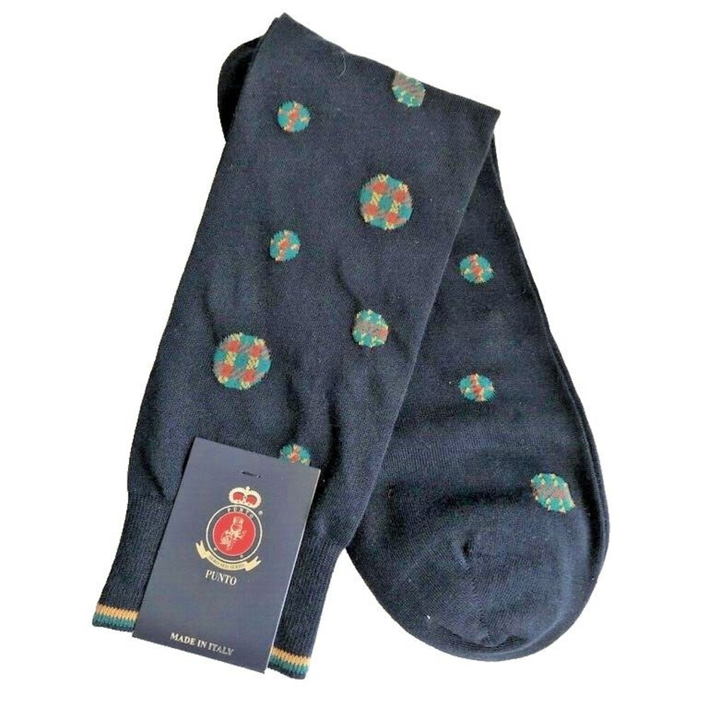Punto Mens Navy Dress Socks 10-13 Egyptian Cotton Polka Dots Made In Italy